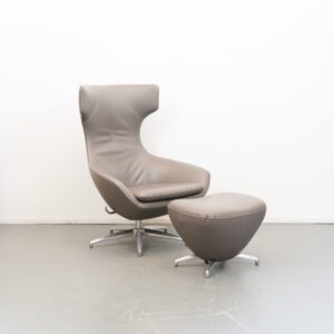Leolux Caruzzo Plus Fauteuil Grijs/Beige Leer + Hocker