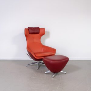Leolux Caruzzo Plus Fauteuil Donkerrood Leer + Hocker