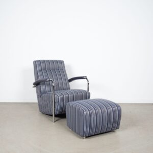 Leolux Scylla Fauteuil Blauw Gestreept Stof/Leer + Hocker
